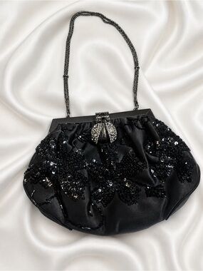Olga Berg Black Sequin Evening Clutch Art Deco Ladybug Crystal Kiss Lock